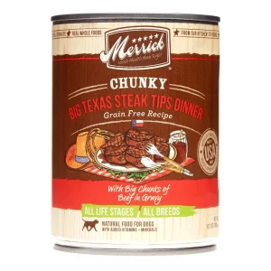 Merrick Grain-Free Chunky Big Texas Steak Tip Dinner Canned Wet Dog Food- 12.7 oz Cans - Case of 12