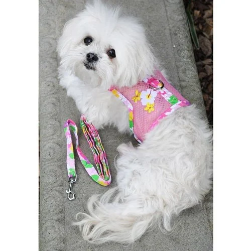 Cool Mesh Dog Harness with Leash - Pink Hawaiian Floral - Image 2