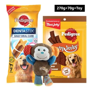 Pedigree Dentastix and Grilled Liver Treats with GiGwi Monkey Plush Toy Combo for Dogs
