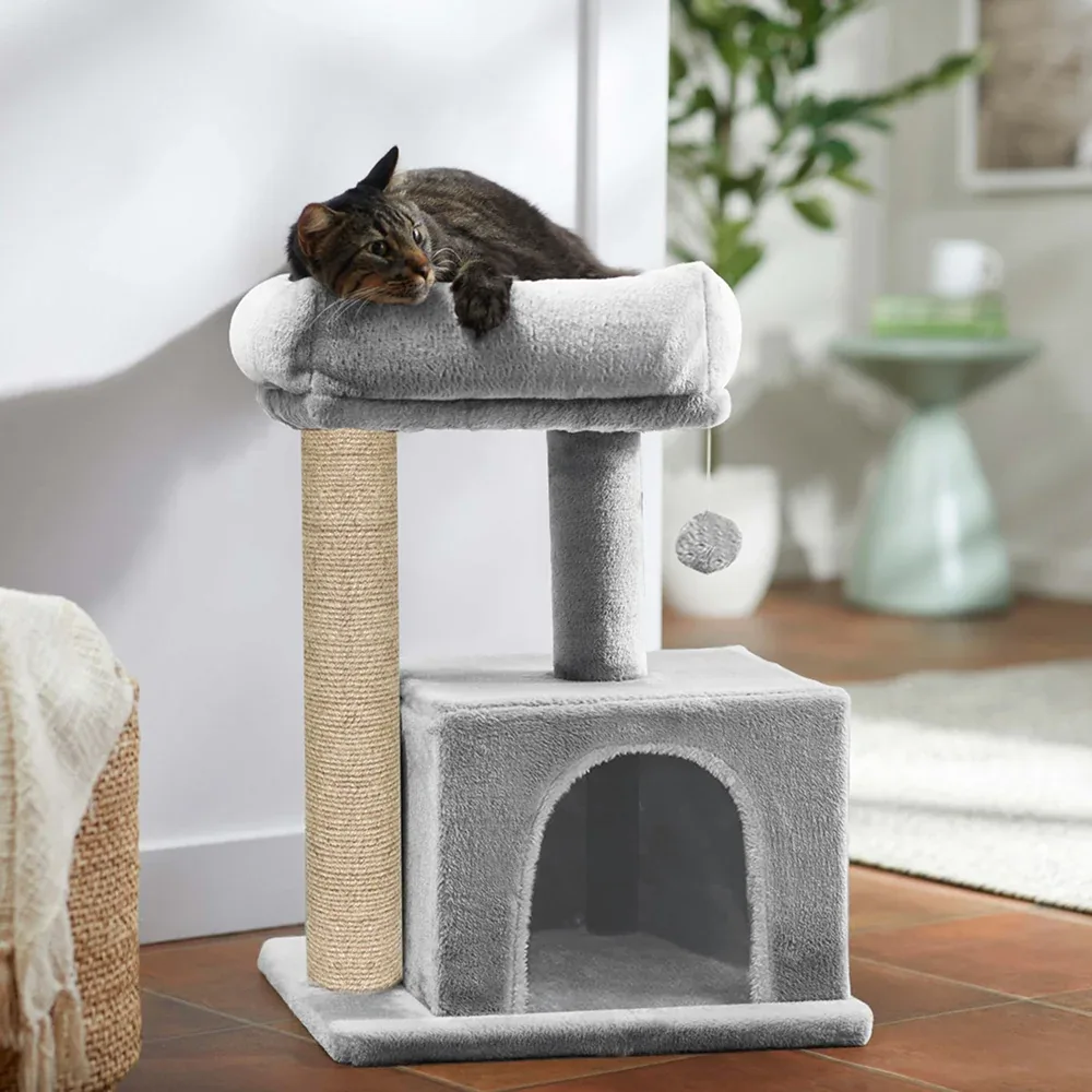 Furrlovers Plush Condo Cat Tree with Top Perch, Hanging Ball & Scratching Post (Grey) - Image 2