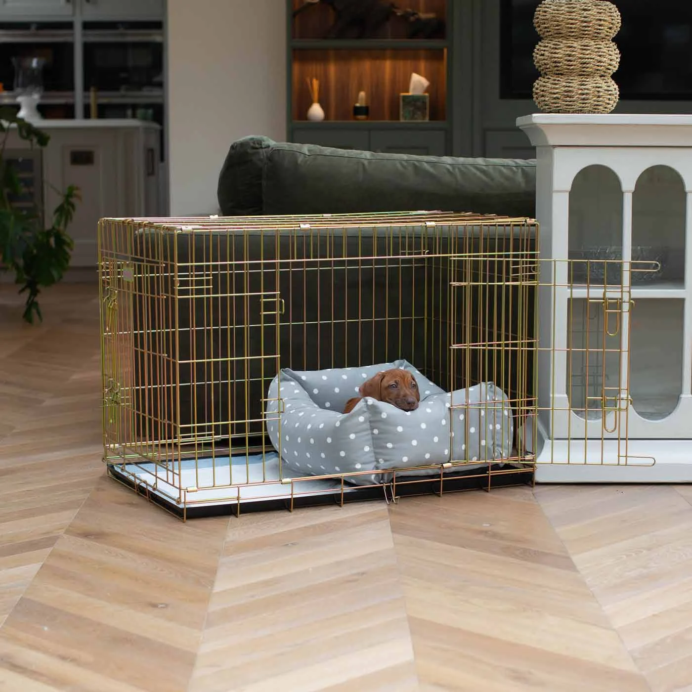 Dog Crate with Cosy & Calming Puppy Crate Bed in Grey Spot by Lords & Labradors
