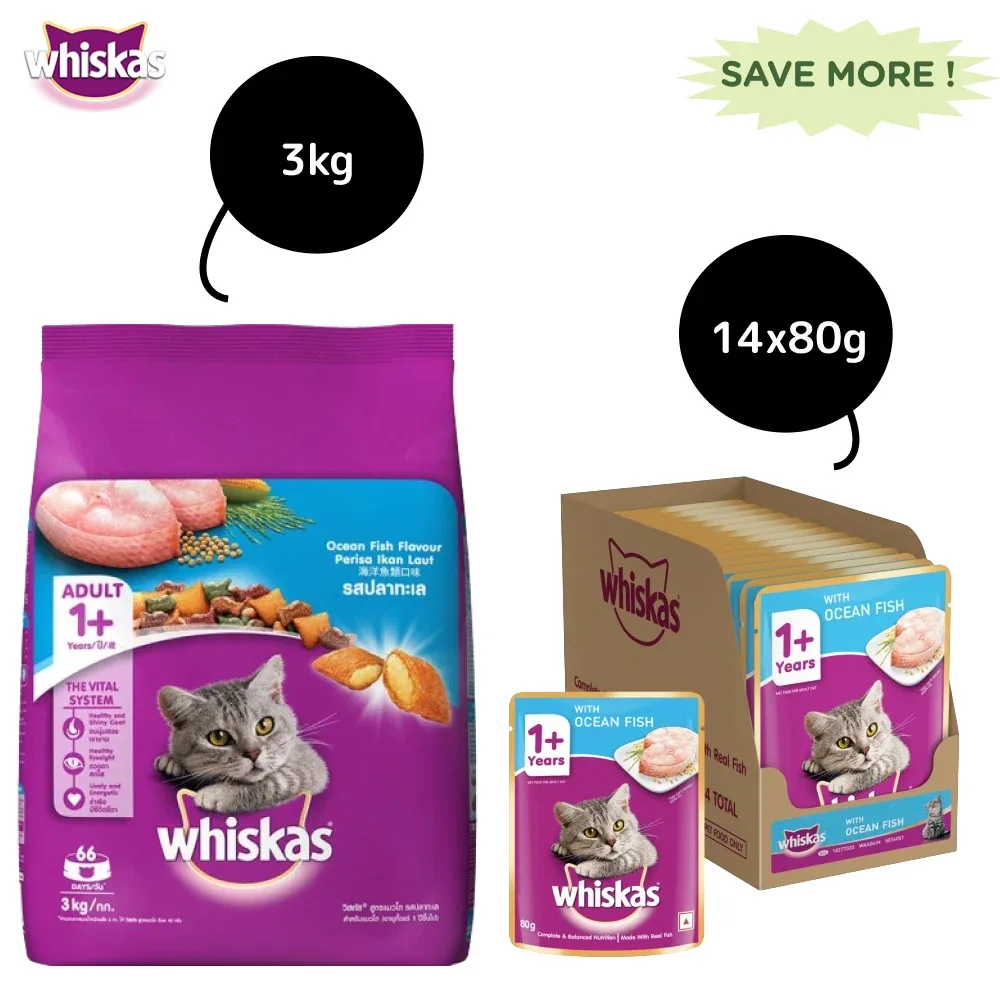 Whiskas Ocean Fish Flavour Adult Cat Dry and Wet Food Combo