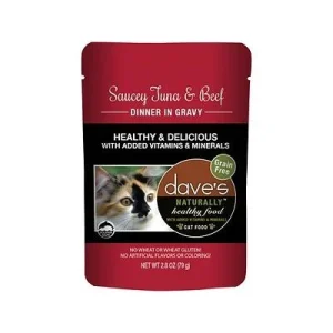 Dave's Pet Food Healthy Cat Food Pouch Saucey Tuna & Beef Dinner in Gravy - 2.8 oz Cans - Case of 24