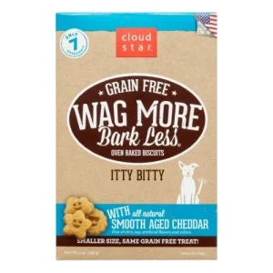 Cloud Star Grain-Free Wag More Bark Less Itty Bitty Aged Cheddar Cheese Oven Baked Dog Biscuit Treats - 7 oz Bag