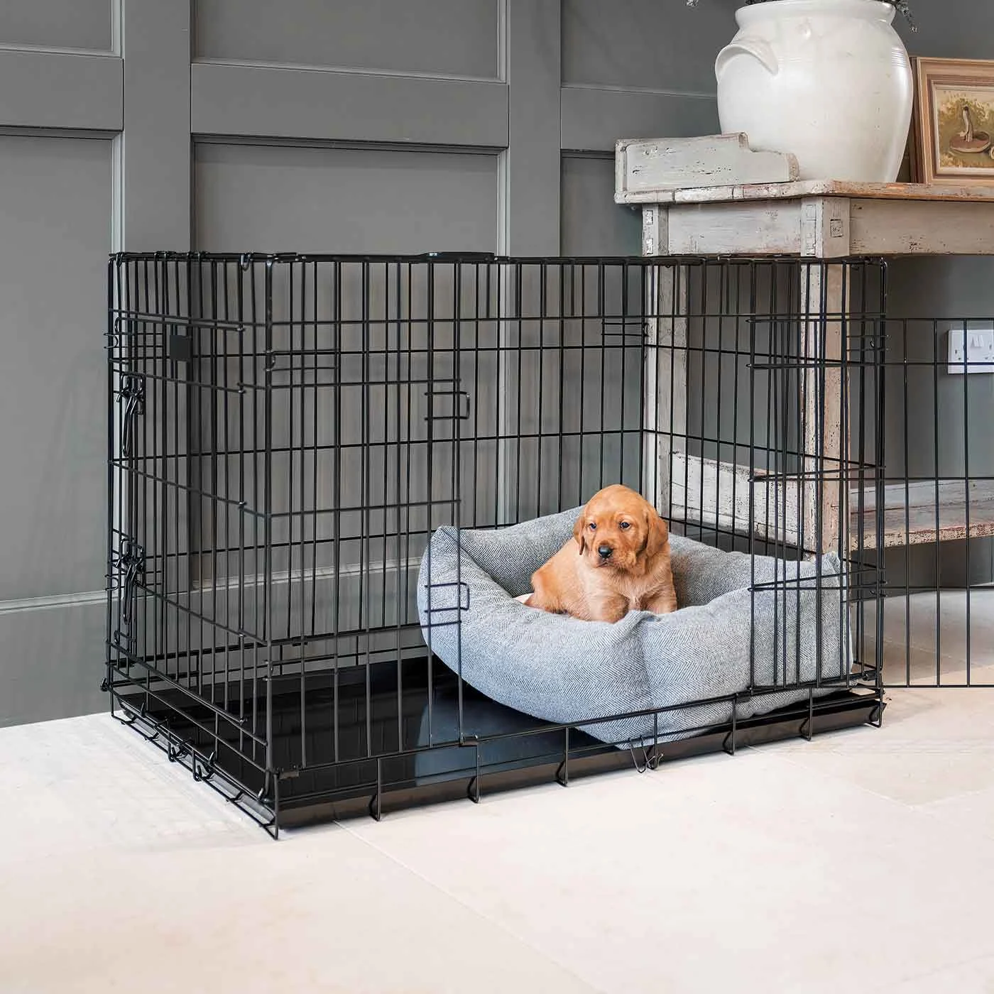 Dog Crate with Cosy & Calming Puppy Crate Bed in Pewter Herringbone by Lords & Labradors - Image 2