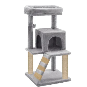 Furrlovers Fur Fabric Cat Tree with Ladder, Hanging Toy & Jute Rope Scratching Post (Grey)