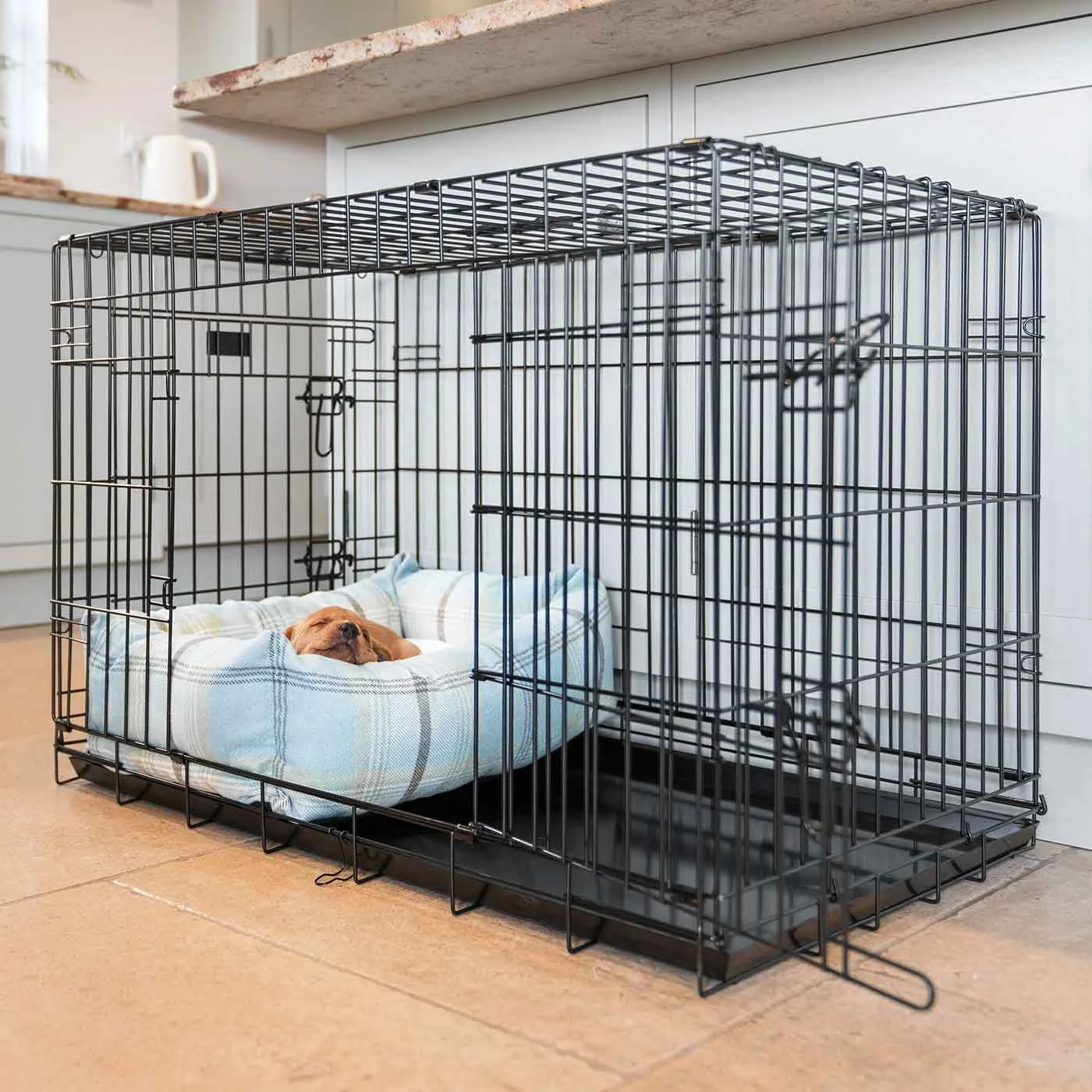 Dog Crate with Cosy & Calming Puppy Crate Bed in Balmoral Duck Egg Tweed by Lords & Labradors - Image 2