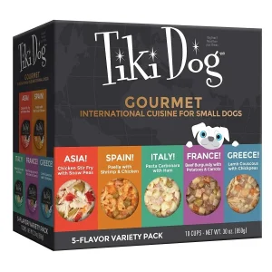 Tiki Dog Petites™ Gourmet International Variety Pack Prepared Dog Food - Mediterranean Spanish Italian French & Asian 3 oz Cups - Case of 10