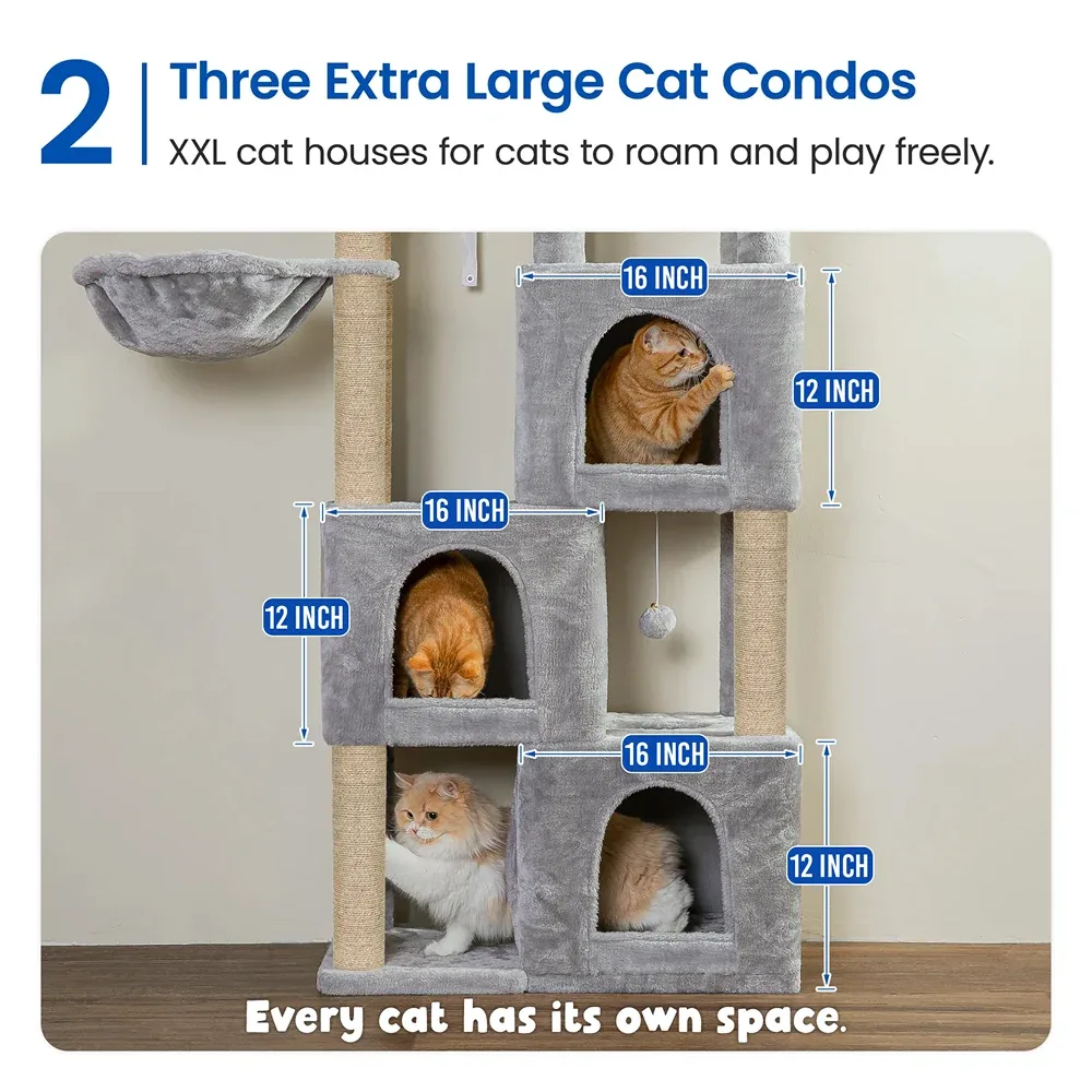 Furrlovers Multilevel Fur Fabric Cat Tree with Condos, Hanging Ball & Jute Rope Scratching Posts (Grey) - Image 2