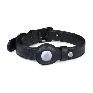Vegan Leather Airtag Dog Collar in Black
