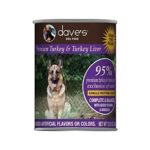 Dave's Pet Food Premium Canned Dog Food Turkey & Turkey Liver 95% Meat - 13 oz Cans - Case of 12