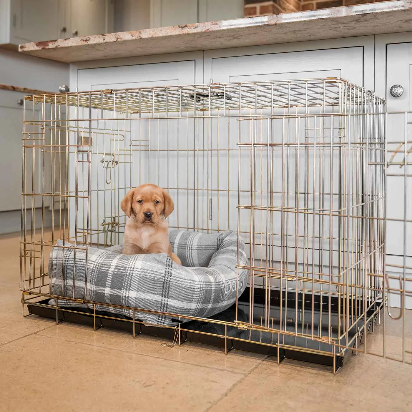 Dog Crate with Cosy & Calming Puppy Crate Bed in Balmoral Dove Grey Tweed by Lords & Labradors