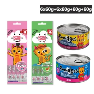 Smudges Chicken Shredded in Gravy and Tuna in Soft Jelly Wet Food Little Licks Chicken and Tuna Creamy Bisque Kitten Cat Treats