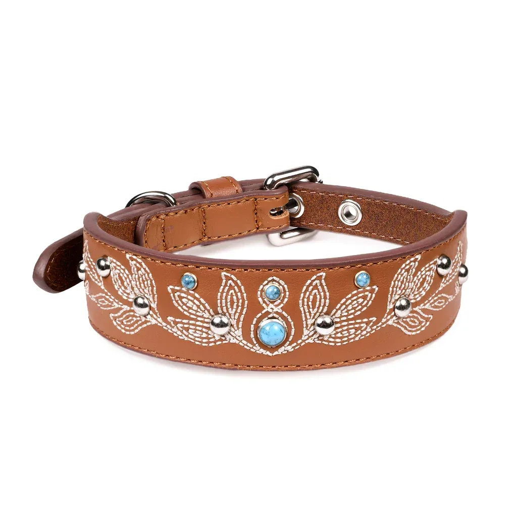 Western Genuine Leather Embroidered Dog Collar with Turquoise Studs in Brown