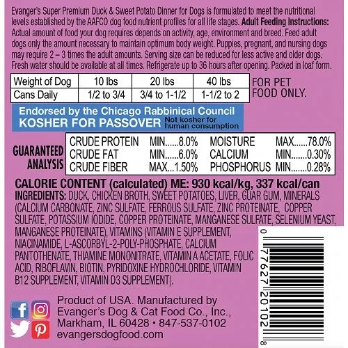 Evanger's Duck & Sweet Potato Super Premium Canned Dog Food - 13 oz Cans - Case of 12 - Image 2