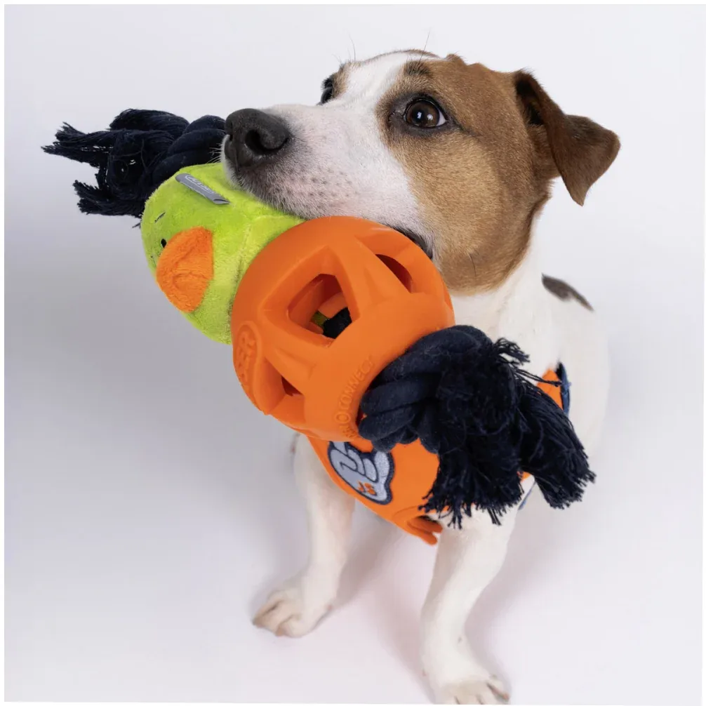 Joyser Cageball Rubber Ball with Duck for Dogs (Yellow/Blue) - Image 2