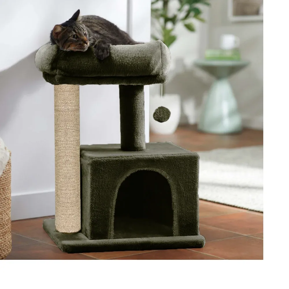 Furrlovers Plush Condo Cat Tree with Top Perch, Hanging Ball & Scratching Post (Green)