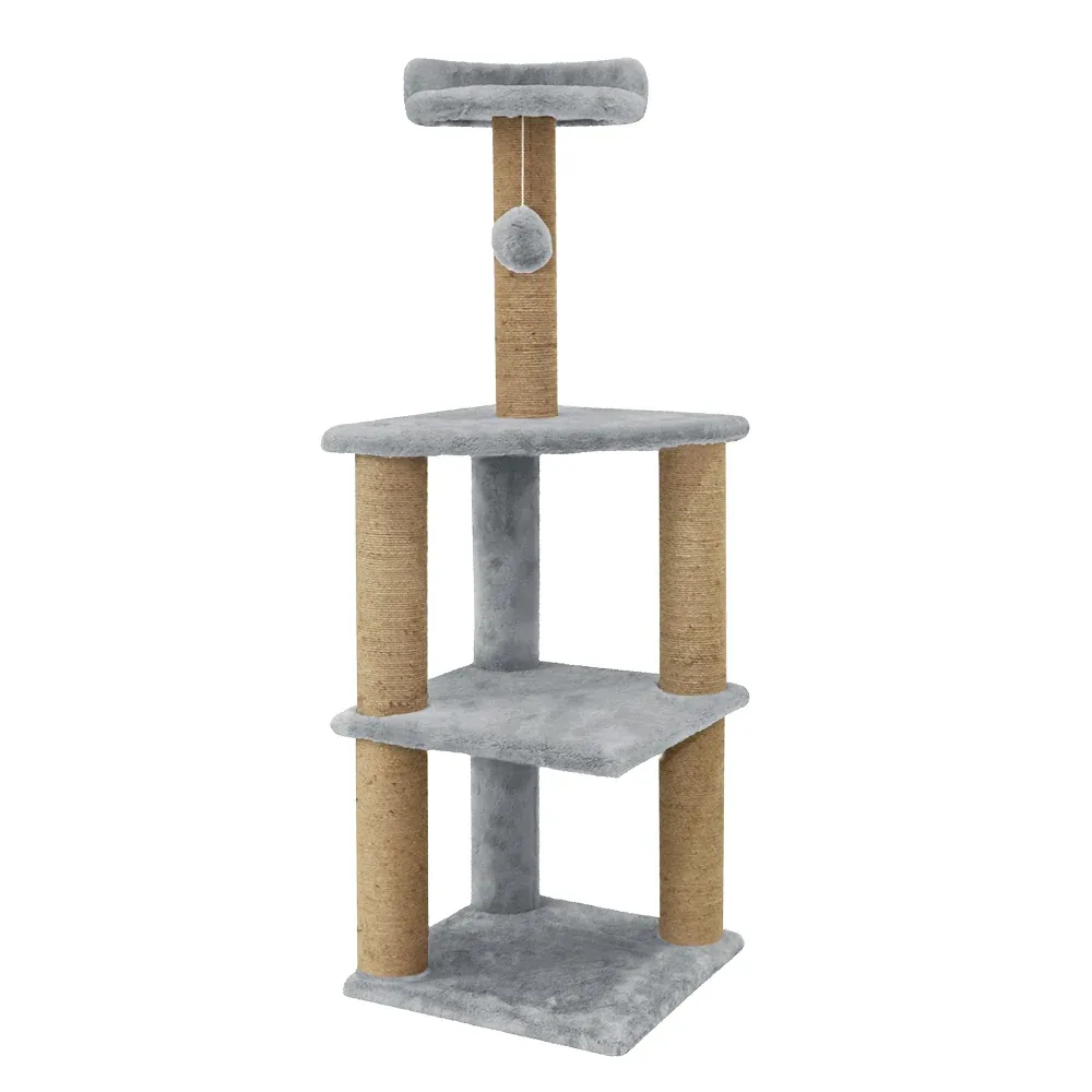 Furrlovers Three Floor Soft Fur Activity Cat Tree for Kittens & Cats with Scratching Post, Natural Sisal Rope & Hanging Ball (Grey)