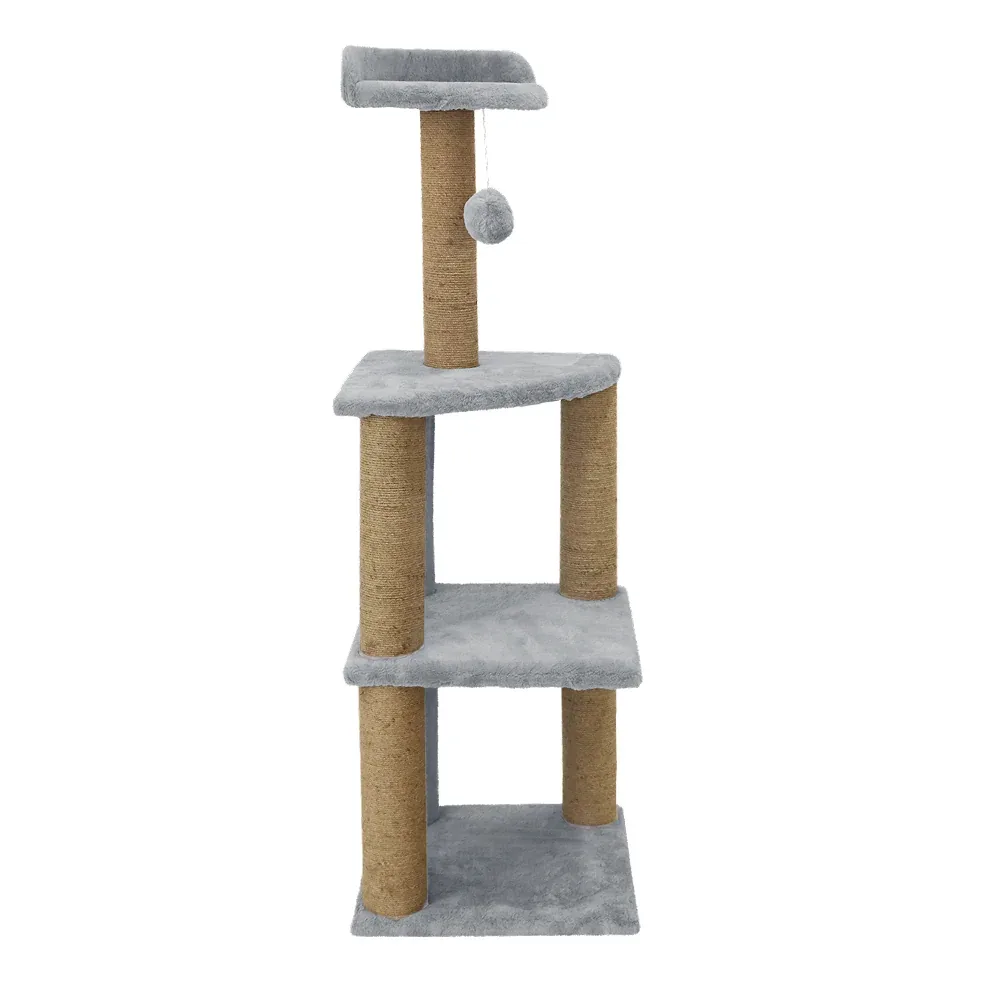 Furrlovers Three Floor Soft Fur Activity Cat Tree for Kittens & Cats with Scratching Post, Natural Sisal Rope & Hanging Ball (Grey) - Image 2
