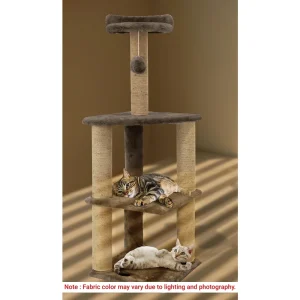 Furrlovers Three Floor Soft Fur Activity Cat Tree for Kittens & Cats with Scratching Post, Natural Sisal Rope & Hanging Ball (Brown)