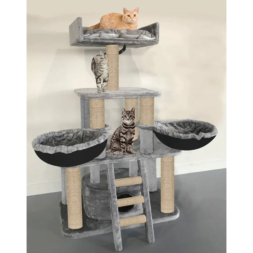 Furrlovers Fur Fabric Cat Tree with Hammocks, Condo & Jute Rope Scratching Posts (Grey) - Image 2