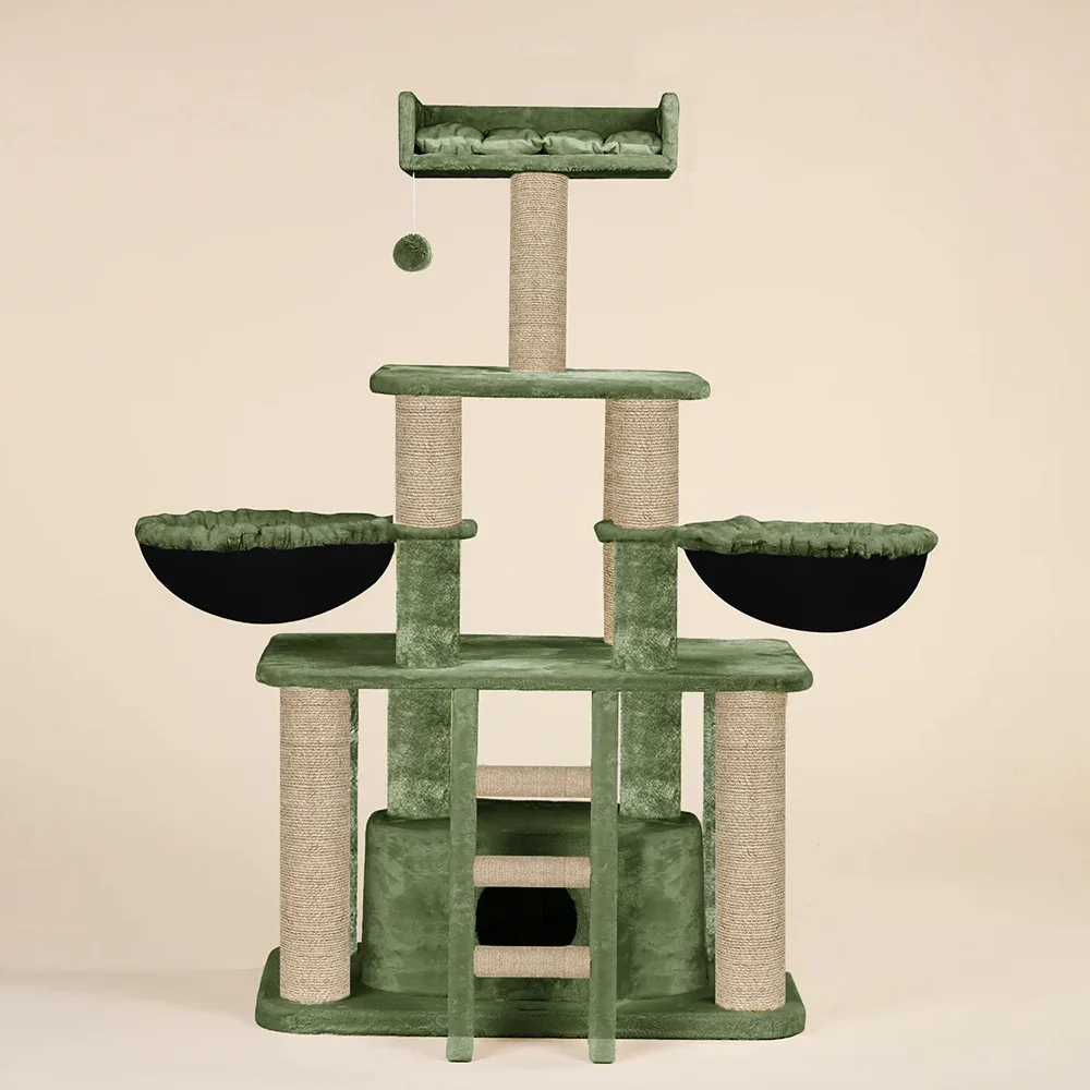 Furrlovers Fur Fabric Cat Tree with Hammocks, Condo & Jute Rope Scratching Posts (Green)