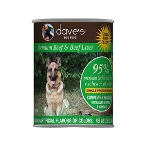 Dave's Pet Food Premium Canned Dog Food Beef & Beef Liver 95% Meat - 13 oz Cans - Case of 12