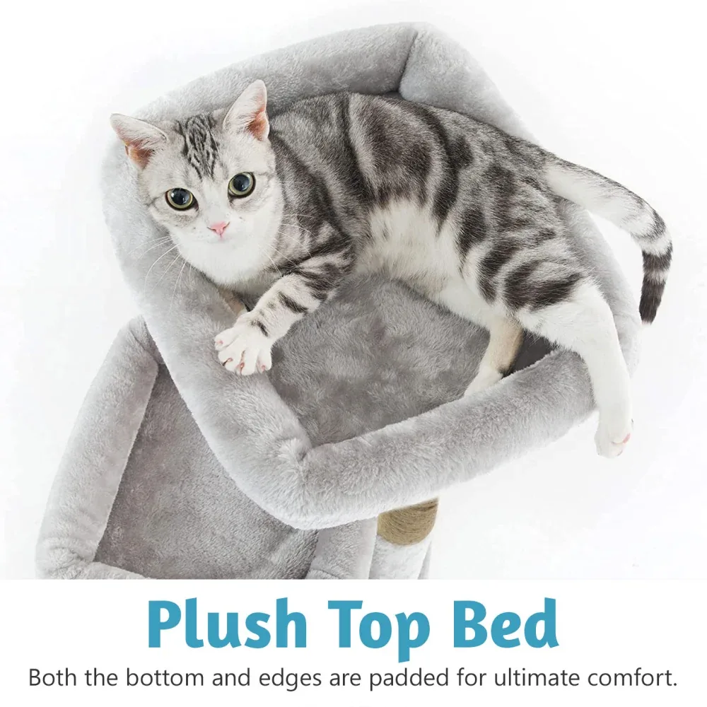 Furrlovers Plush Cat Tree with Scratching Post, Bed & Toy (Grey) - Image 2