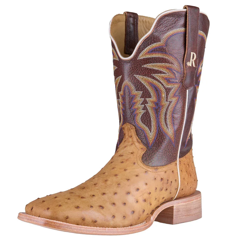 R Watson Boots Men's Antique Saddle Full Quill Ostrich Vamp 11in Laguna Cognac Cowhide Top