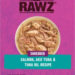 Rawz Shredded Salmon, Aku Tuna & Tuna Oil Cat Food - 2.46 oz Pouches - Case of 8