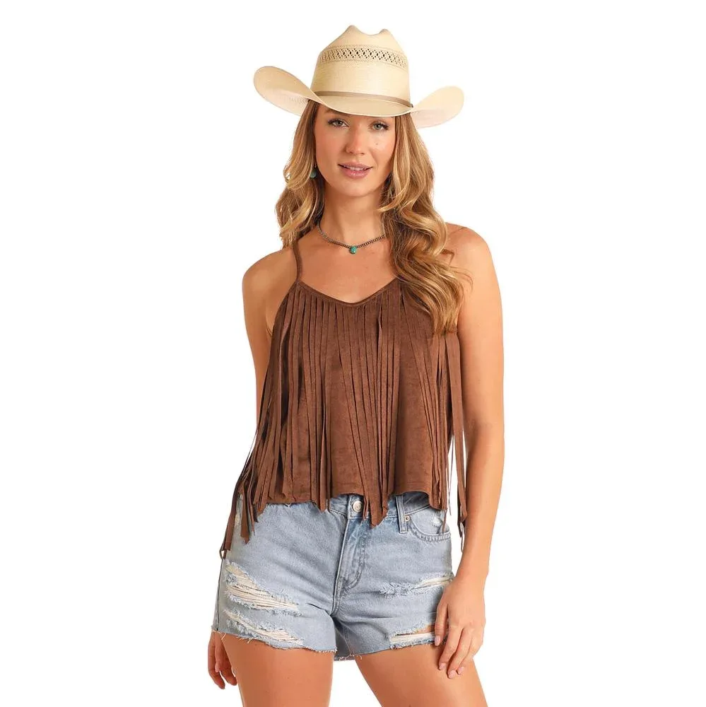 Rock & Roll Denim and Brown Microsuede Fringe Tank