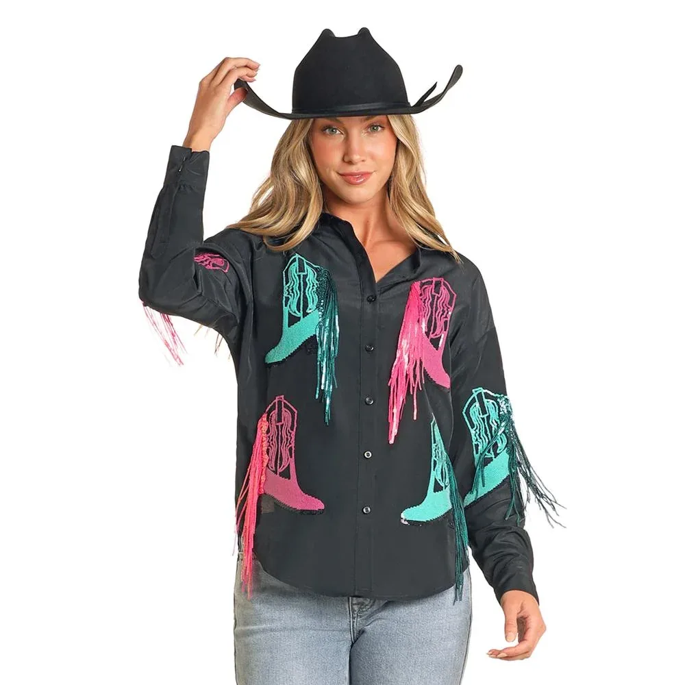 Rock & Roll Denim and Sequin Boot Button-Up Shirt