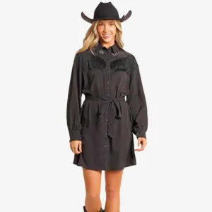 Rock & Roll Denim Black Fringe Embroidered Dress