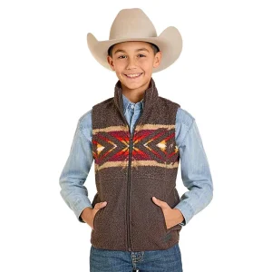Rock & Roll Denim Boy's Dark Brown Printed Border Vest