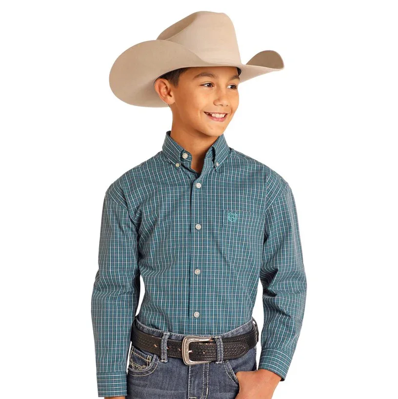 Rock & Roll Denim Boys Long Sleeve Dobby Satin Check Buttondown - Image 2