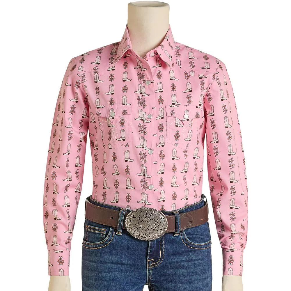 Rock & Roll Denim Girl's Pink Boot Print Pearl Snap Shirt