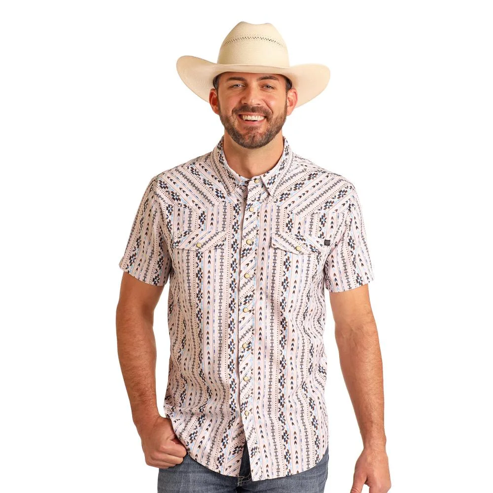 Rock & Roll Denim Mens Natrual Stripe Aztec Print TEK Short Sleeve Snap Shirt