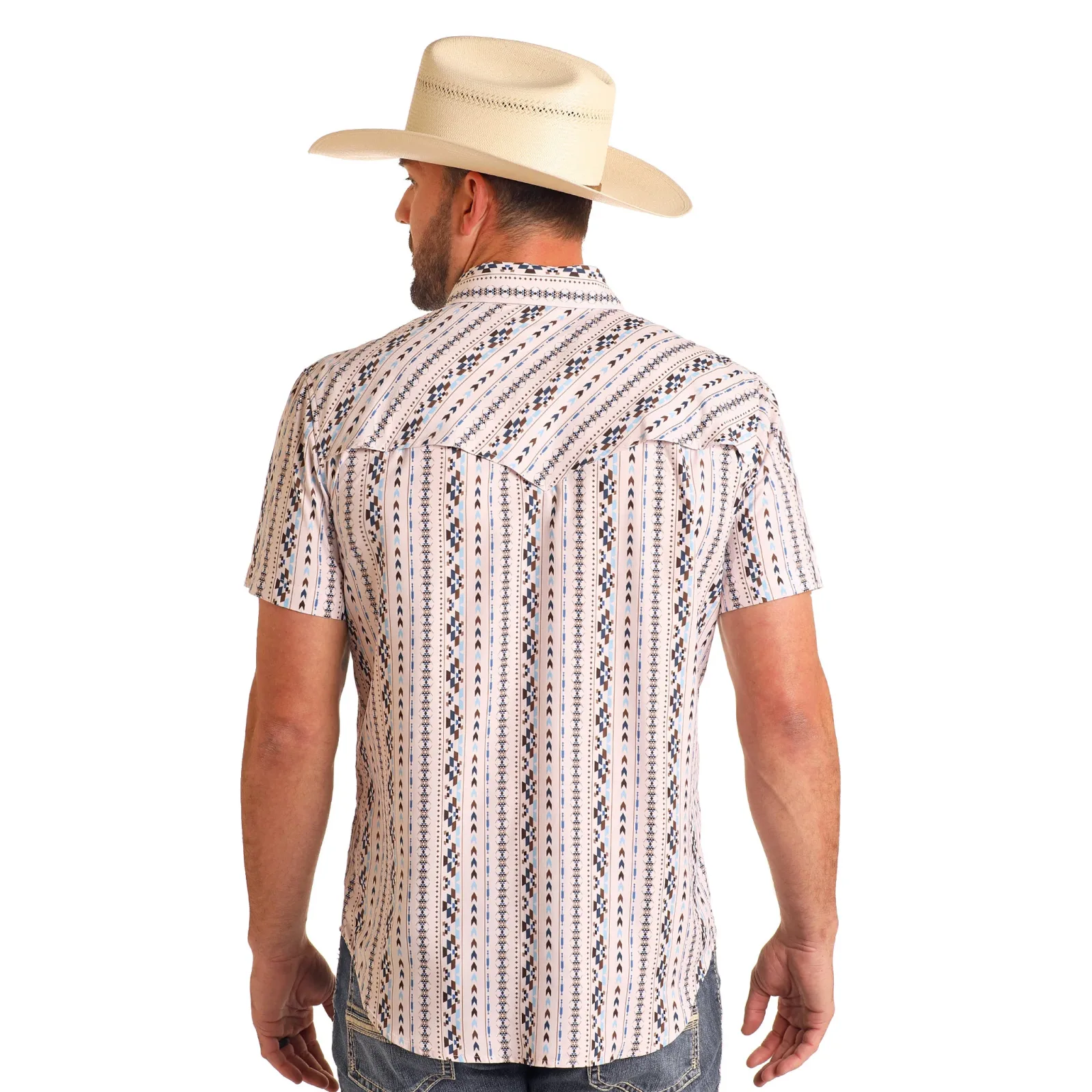 Rock & Roll Denim Mens Natrual Stripe Aztec Print TEK Short Sleeve Snap Shirt - Image 2
