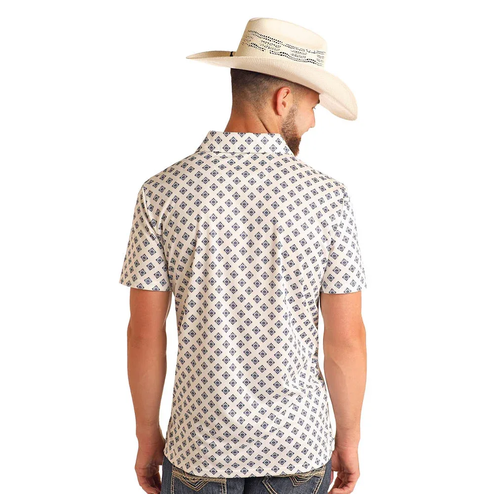 Rock & Roll Denim Men's White Geo Print Short Sleeve Polo - Image 2