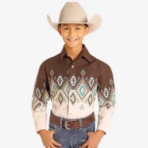 Rock & Roll Denim Panhandle Boys' Brown Diamond Border Shirt