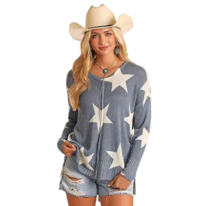 Rock & Roll Denim Star Print Baja Sweater