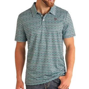 Rock & Roll Denim Teal Aztec Stripe Polo