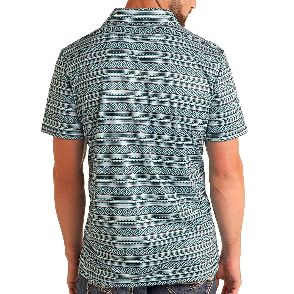 Rock & Roll Denim Teal Aztec Stripe Polo - Image 2