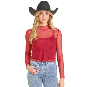 Rock & Roll Denim Women's Scarlet Rhinestone Mesh Top