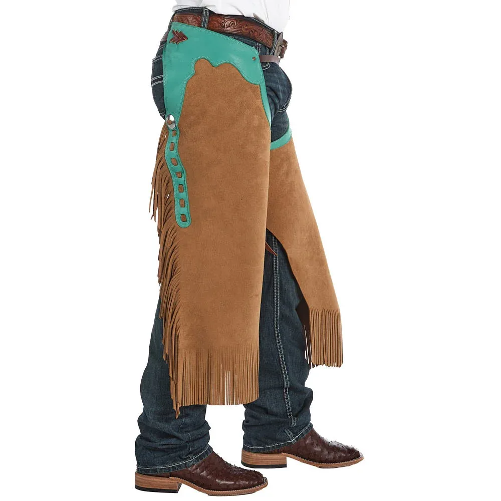 Rockin` Y Saddlery Cream Roughout with Teal Border Arizona Chinks - Image 2