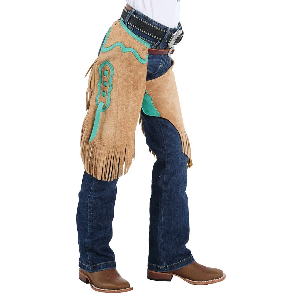Rockin` Y Saddlery Kid Tabacco Roughout with Teal Border Chinks - Image 2