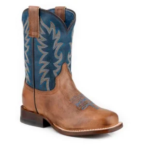 Roper Footwear Kid`s Bart Burnished Brown and Vintage Dark Blue Shaft Cowboy Boot