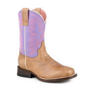 Roper Footwear Kid`s Bonnie Tan Leather Vamp and Purple Shaft Boot