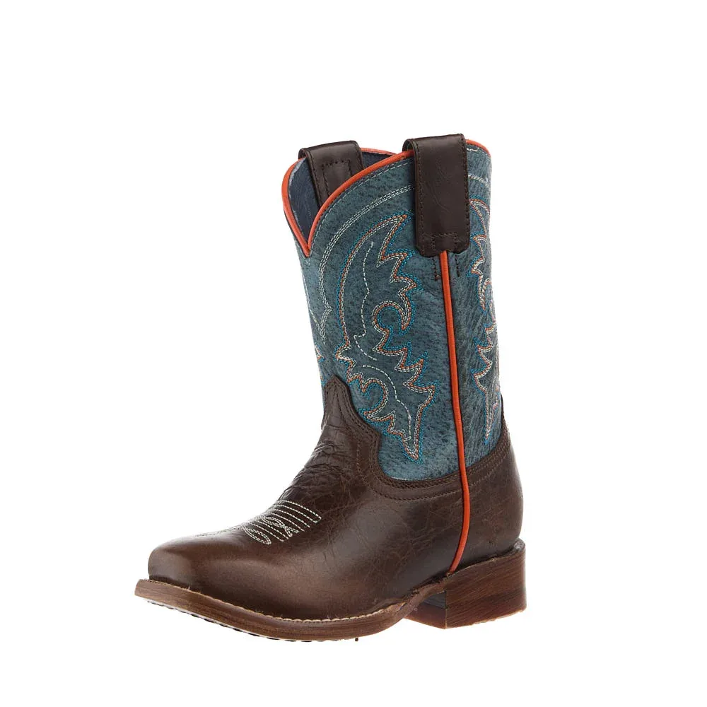 Roper Footwear Kid's Burnished Brown Vamp 8in Waxy Dark Blue Top