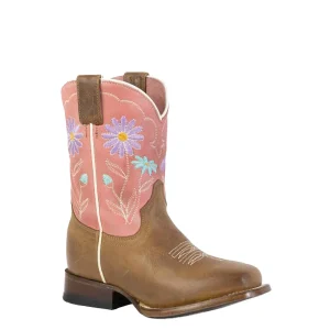 Roper Footwear Kid's Cowgirl Daisy Brown Square Toe Leather Sole Boot